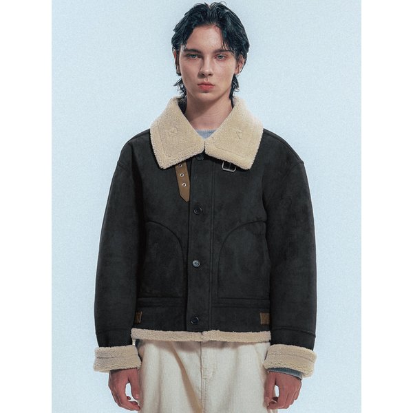 Vegan Suede Aviator Shearling Jacket_Black