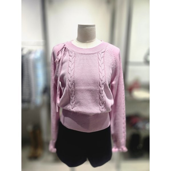 [여주점] 꽈배기 러플 리본포인트 니트 탑 ES1JK100