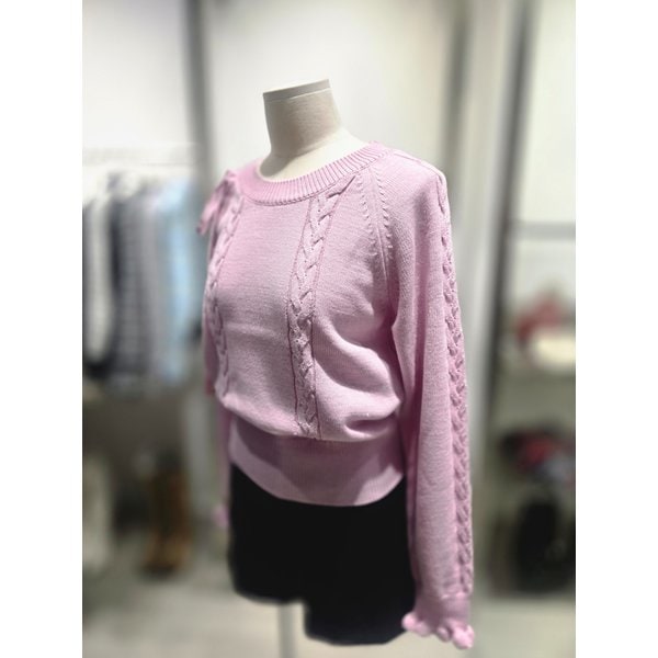 [여주점] 꽈배기 러플 리본포인트 니트 탑 ES1JK100