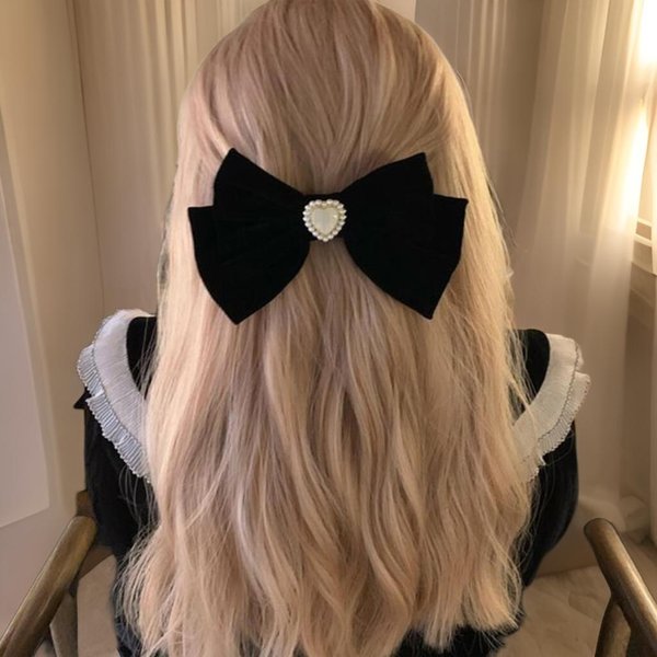 [옷자락] 여성 진주 포인트 블랙 리본 벨벳 머리핀