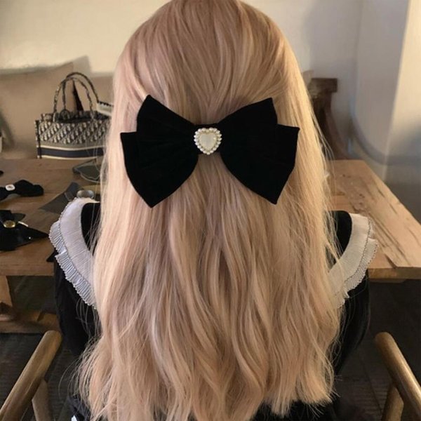 [옷자락] 여성 진주 포인트 블랙 리본 벨벳 머리핀