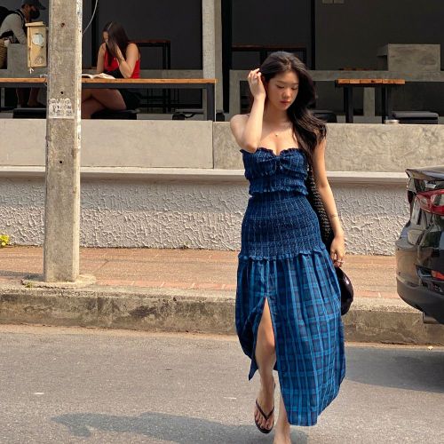 비치팜 / 라피스 튜브탑 체크 원피스 비치룩 여름 휴양지 바캉스 패턴 드레스