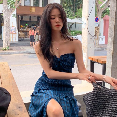 비치팜 / 라피스 튜브탑 체크 원피스 비치룩 여름 휴양지 바캉스 패턴 드레스