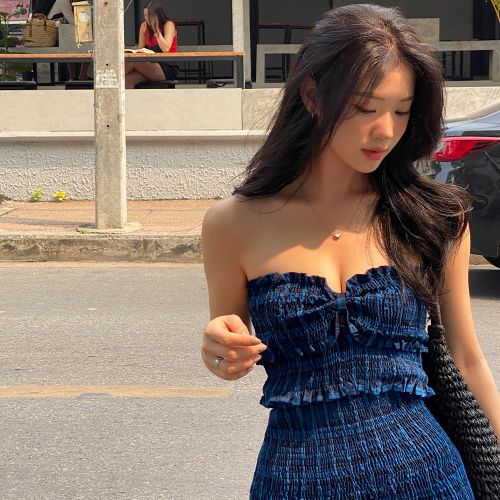 비치팜 / 라피스 튜브탑 체크 원피스 비치룩 여름 휴양지 바캉스 패턴 드레스