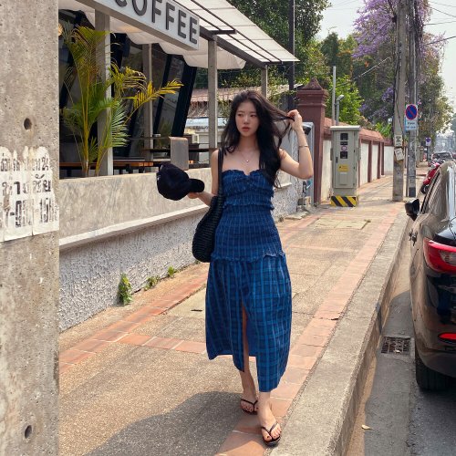 비치팜 / 라피스 튜브탑 체크 원피스 비치룩 여름 휴양지 바캉스 패턴 드레스