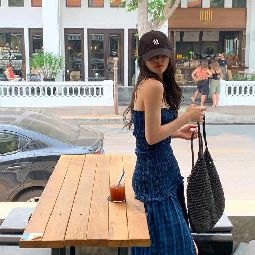 비치팜 / 라피스 튜브탑 체크 원피스 비치룩 여름 휴양지 바캉스 패턴 드레스