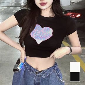 여성 하트 영문 프린팅 크롭 반팔티 URD 207_P340365718