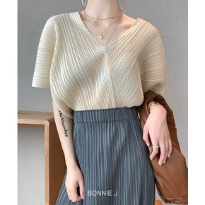 고급스러운 플리츠 가오리 블라우스 플리츠 브이넥 반팔 티셔츠