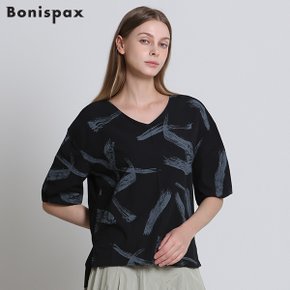 [보니스팍스(Bonispax)] 져지 배색 프린트 브이넥 블라우스 (택가격: 139000원)