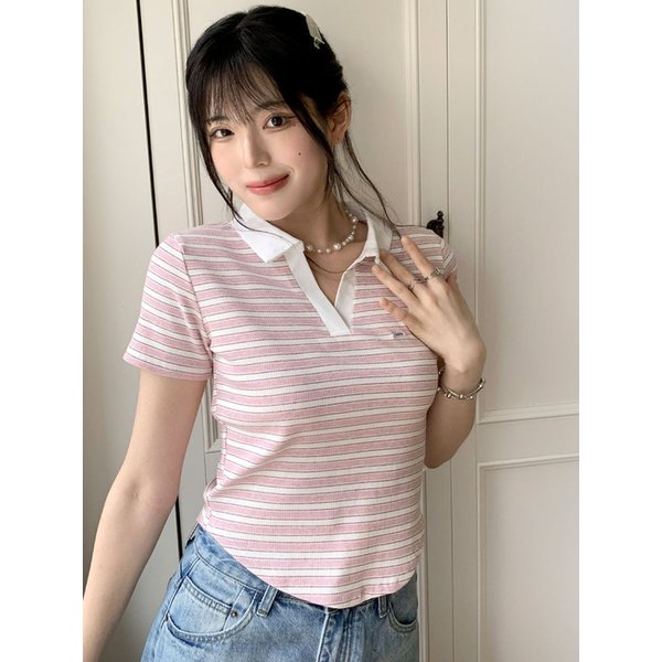 Stripe Contrast Collar Tee 3colors