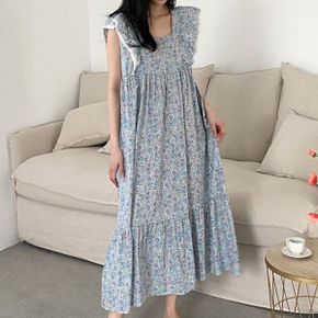 수채화실키면 날개프릴레이스 롱원피스 민소매나시 잠옷 여성파자마 홈웨어_P397030595