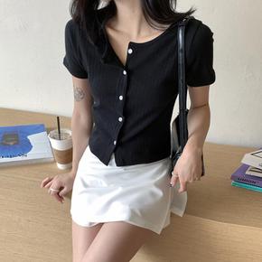 여성 코튼 무지컬러 골지 세미크롭 반팔 가디건
