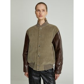 Corduroy Calf Leather Crop Down Jumper (Grayish Khaki)