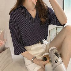 반오픈 카라 세로 스트라이프 5부 셔츠