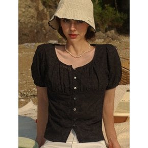 Romantic Puff Sleeve Flower Blouse - Black