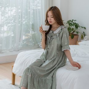 CA3V36715 여성잠옷 아사 순면 파자마 원피스 반팔 잠옷 카키_P350972883