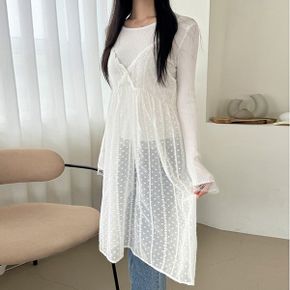 루즈핏 브이넥 레이어드 레이스 자수 시스루 끈나시 미디 원피스 휴양지룩_P390448791