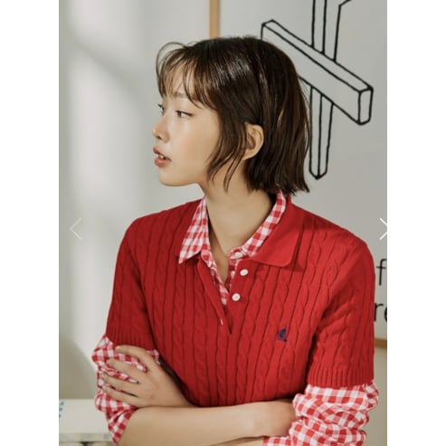 빈폴레이디스 [Essential] 코튼 케이블 T칼라 반소매 풀오버 - 레드 BF5251E026