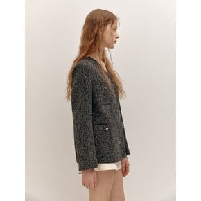 COLLARLESS V-NECK TWEED JK (BK+IV)