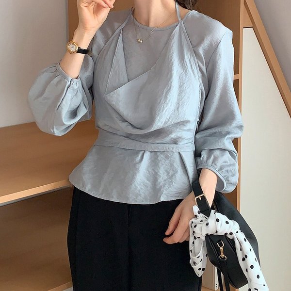 [옷자락] 여자 출근룩 홀터넥 리본 뷔스티에 레이어드 블라우스