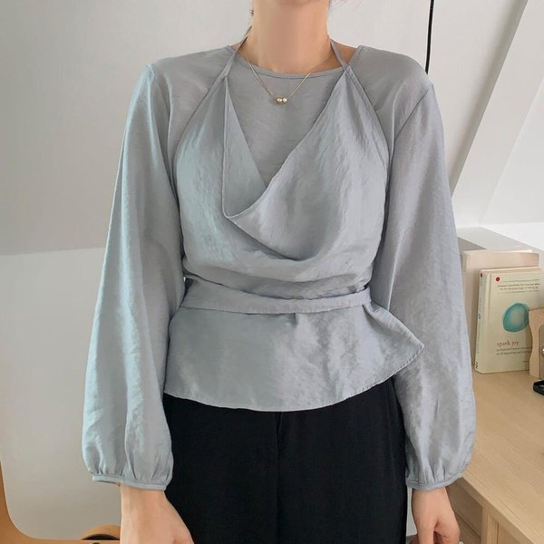 [옷자락] 여자 출근룩 홀터넥 리본 뷔스티에 레이어드 블라우스