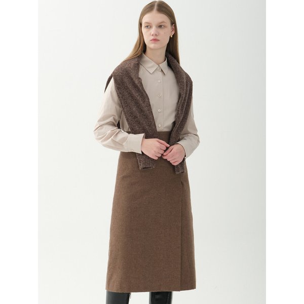 wool blend side slit H-line skirt_brown