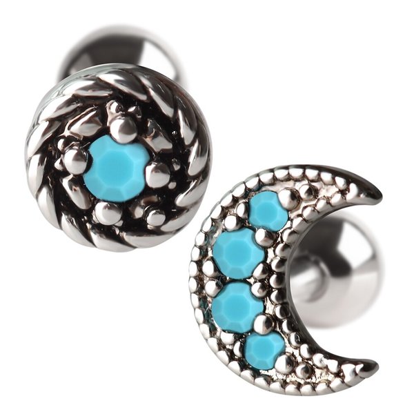 써지컬 스틸 달 터키석 엔틱 실버 피어싱 한쪽