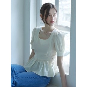 Semi square neck frill puff blouse - cream