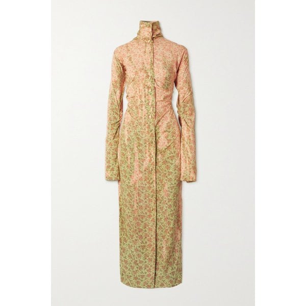 Ruched Floral-print Woven Midi Dress 베이지 13452677152894149