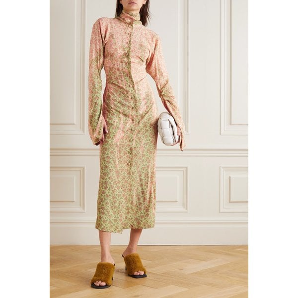 Ruched Floral-print Woven Midi Dress 베이지 13452677152894149