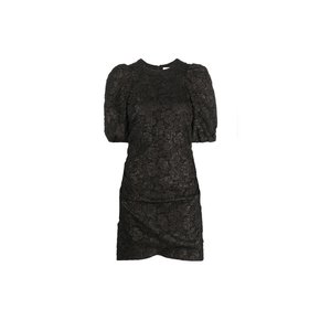 STRETCH JACQUARD PUFF SLEEVES MINI DRESS F8025 BLACK