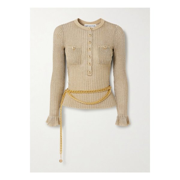 벨트 러플 메탈릭 골지 니트 탑 골드 46376663162914992