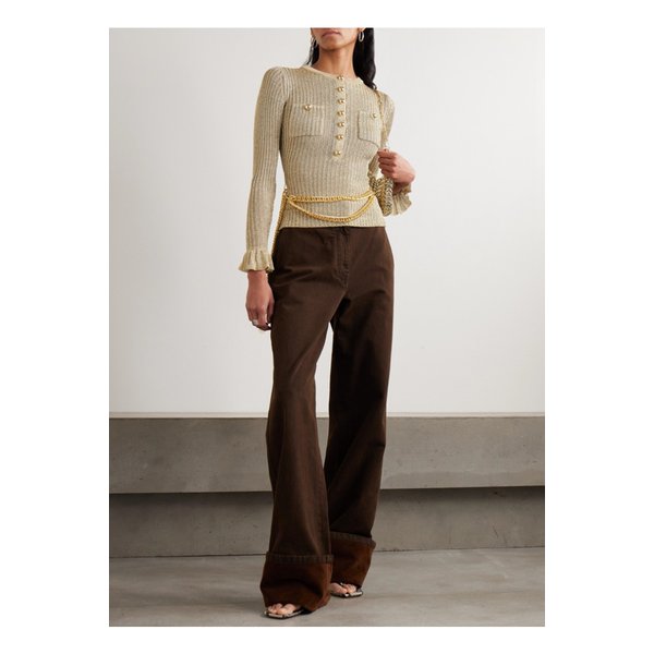 벨트 러플 메탈릭 골지 니트 탑 골드 46376663162914992