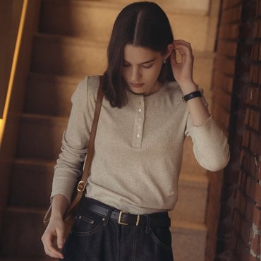 틸아이다이 Picot edge henry neck ribbed t-shirt_Oatmeal