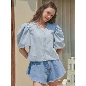 UP-236 V네크 셔링소매 블라우스 라이트블루  . V NECK SHIRRING SLEEVE BLOUSE_LIGHT BLUE