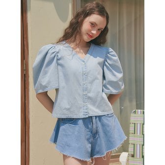 언노운플라넷 UP-236 V네크 셔링소매 블라우스 라이트블루  . V NECK SHIRRING SLEEVE BLOUSE_LIGHT BLUE