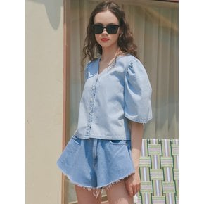 UP-236 V네크 셔링소매 블라우스 라이트블루  . V NECK SHIRRING SLEEVE BLOUSE_LIGHT BLUE