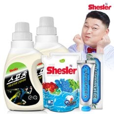 강호동의 쉬슬러 액상 세제 스포츠의류전용 650ml 2개+세제리필 500ml 1개+치석케어 치약 100g 1개.