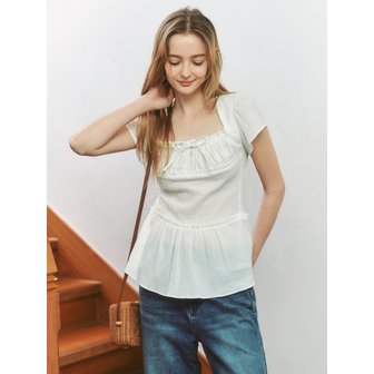 클루니 [2차 리오더] Ruffle Shirring Square Neck Blouse - white