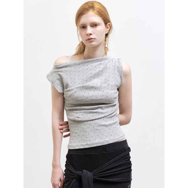 DOT SHIRRING DRAPE SLEEVELESS TOP_GRAY