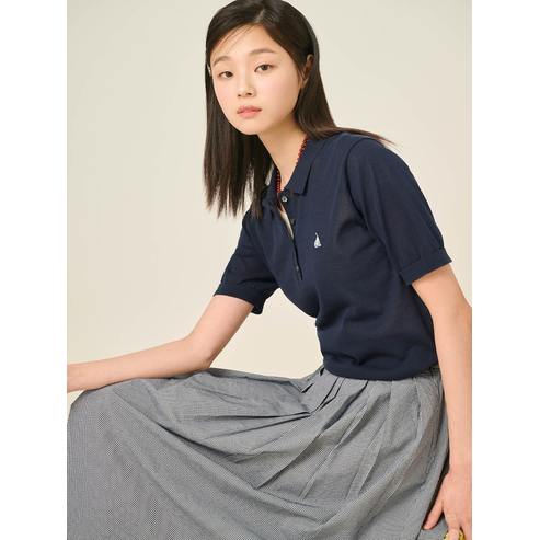 빈폴레이디스 25SS 코튼 혼방 T칼라 반소매 풀오버 - 네이비 BF5451C08R