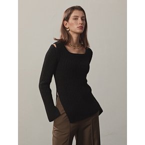 RIBBED-KNIT SQUARE NECK PULLOVER(BLACK)