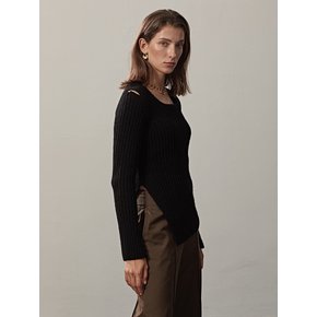 RIBBED-KNIT SQUARE NECK PULLOVER(BLACK)