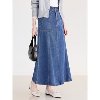 쥬아르 탄력 세로 절개 플레어 실루엣 데님 롱 스커트_2color