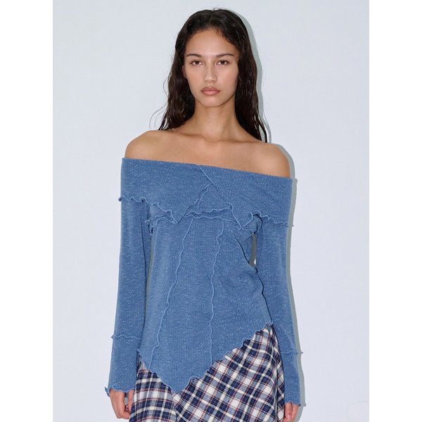 GRUNGED OFF-SHOULDER SWEATER, BLUE