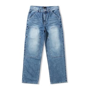 STRAIGHT DOUBLE KNEE WASHED DENIM PANTS BLUE