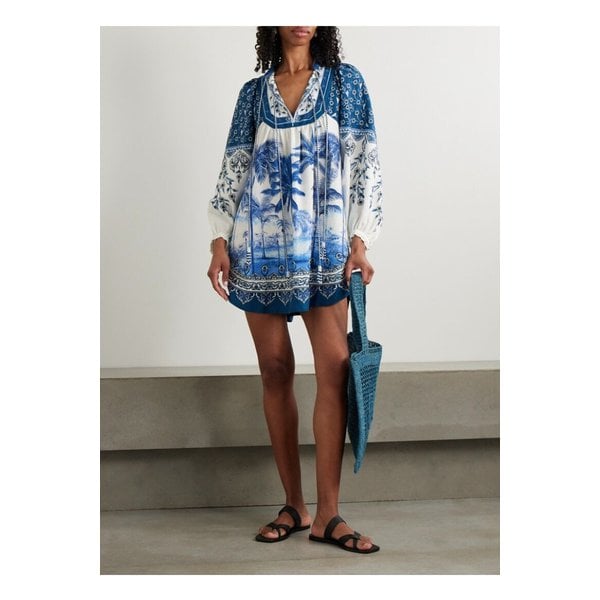 팜리오 팜 트리 비치 프린트 리넨 혼방 미니 드레스 블루 46376663162869522