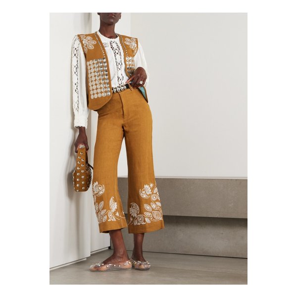알릭스오브보헤미아 페이지 크롭 자수 리넨 부츠컷 팬츠 머스타드 옐로 46376663162870722