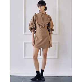 Sleeve Banding Frill Dress-Brown