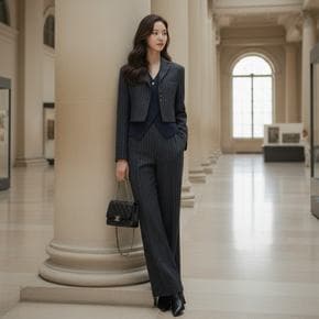 / 트렌디 스트라이프 와이드 일자핏 슬랙스 스판 팬츠 여성 정장 바지 출근룩